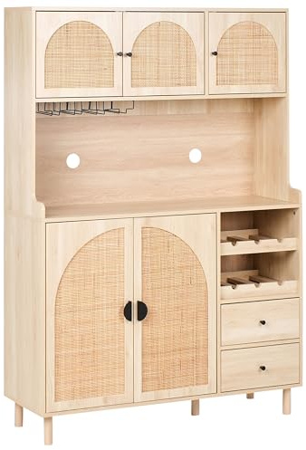 Beliani Decorative Cabinet Hutch with Shelves and Display Particle Board Rattan Fronts Light Brown Campbellton