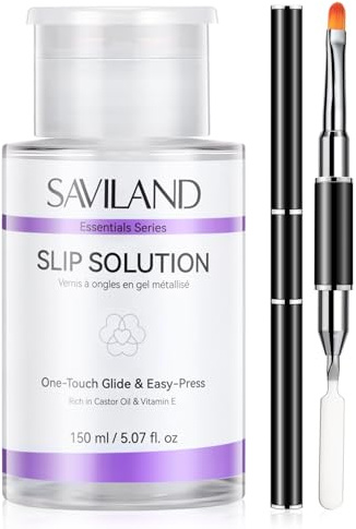 SAVILAND Slip Solution for Poly Nail Gel 150 ml | Easy-Press Poly Nail Gel Slip Solutions Kit No-Stick Liquid with Dual-Ended Nail Art Brush for Extension Beginner Home