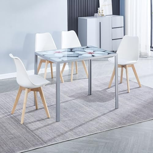 Meyvaser.com Ecommerce Company Conjunto Mesa de Comedor con Encimera de Cristal Floral + 4 Sillas Nórdicas Blancas con Patas de Madera – Diseño Moderno y Elegante