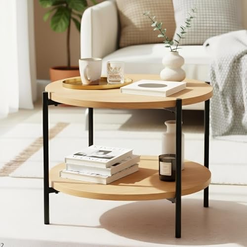 CLP Couchtisch rund Holz Edduma, Sofatisch 2 Ebenen mit Stauraum, Beistelltisch klein Metallgestell schwarz Farbe Natur Größe Ø 50 cm