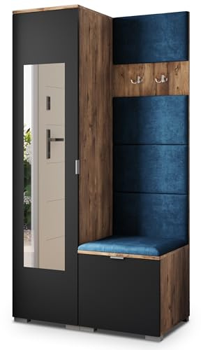 Masseno Flugarderoben Set VIRA, Kleiderschrank-Set mit Spiegel und Sitzbank, Garderobenschrank Flur mit 3 Regalböden, Eiche Lefkas/Schwarz