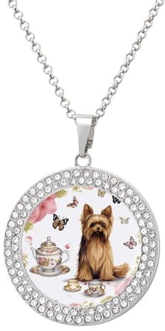 Yorkshire Terrier Tea Party Butterflies Roses Round Pendant Necklace for Women Faux Diamond Women's Necklaces Elegant Dainty Alloy Disc Charm Necklace with Adjustable Chain, Fashion Jewelry Gift, One