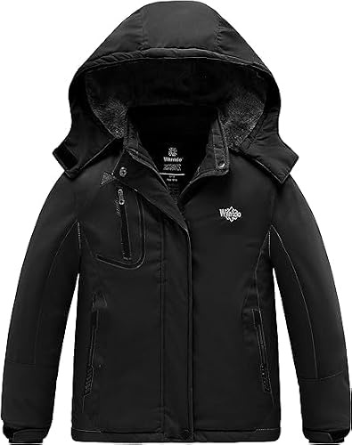 Wantdo Fille Veste de Ski Imperméable Voyage Coupe-Vent Manteau d'hiver Chaud avec Capuche Veste Randonnée Travail Veste de Snowboard Outdoor Noir 152-158