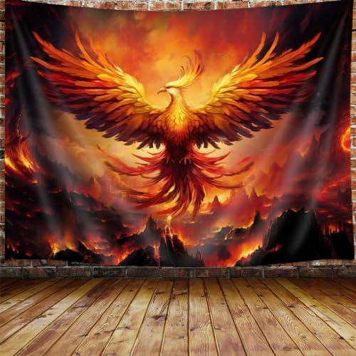 JAWO Fantasy Phoenix Bird Small Tapestry for Men, Red Anime Animal Hippie Wall Hanging for Bedroom, Aesthetic Cool Tapestry Beach Blanket College Dorm Home Decor (60 W X 40 H)