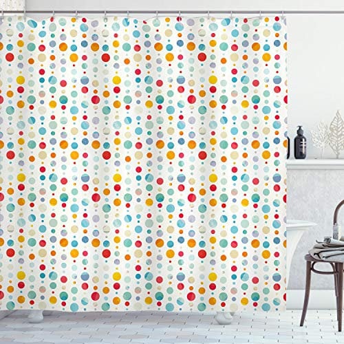 ABAKUHAUS Abstrakt Duschvorhang, Bunte große Punkte, Stoffliches Gewebe Badezimmerdekorationsset mit Haken, 175 x 180 cm, Orange Türkis