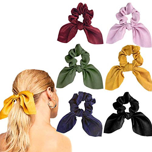 Lurrose Haargummis mit Schleife, Hasenohren, elastisch, einfarbig, stylisches Haarband für Frauen, 6 Stück