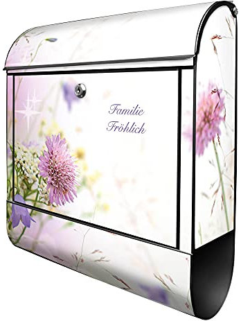 banjado® Design Briefkasten personalisiert Glitzernde Wiese 38,5x46,5x13cm & 2 Schlüssel - Briefkasten Stahl schwarz Zeitungsfach pulverbeschichtet - Postkasten A4 Einwurf inkl. Montagematerial