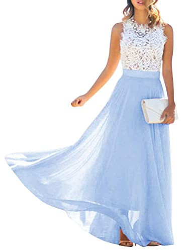 Minetom Blau Weiße Spitze Drapierte Rundhals Ärmellos Elegante Maxikleid Mode Abendkleid Ballkleid B Blau 42