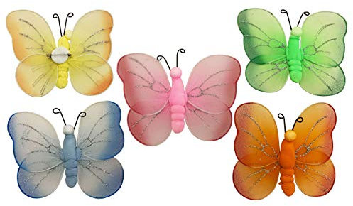 Iloda® 5X Deko-Schmetterlinge groß mit Clip aus Stoff mit Glitter ca. 12 x 10cm, Geschenkanhänger Deko Schmetterling