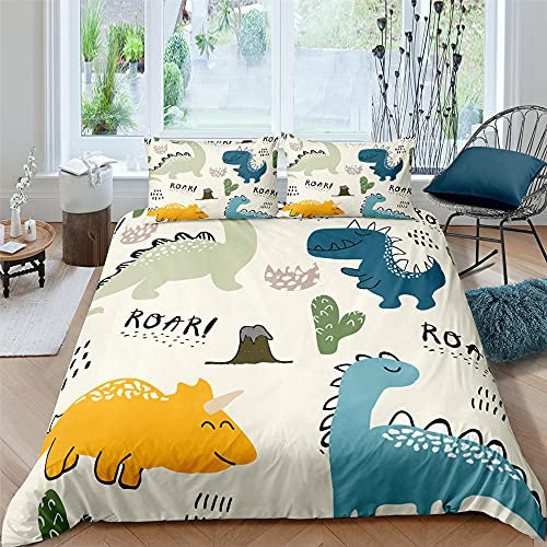 GYDGS Copripiumino una piazza e mezza Bambini dinosauri bianchi Stampato 3D Set Copripiumino 200x200 Set Biancheria da Letto Microfibra con Cerniera + 2 Federa per Cuscino 50x80 cm