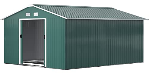 Outsunny Caseta de Jardín Exterior 12,4 m² 340x386x200 cm Cobertizo de Jardín Exterior con Puerta Corredera Techo Inclinado Base Refuerzo (Suelo NO Incluido) y 4 Ventanas Verde