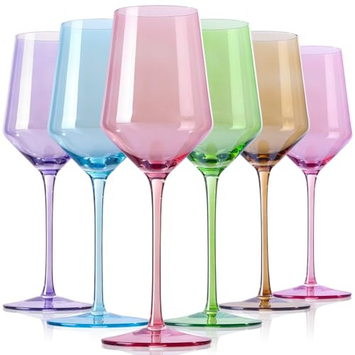 Physkoa Lot de 6 verres à vin colorés de 445 ml – Verres élégants à longue tige pour vin, fête, dîner, pendaison de crémaillère, anniversaire ou cadeau de vacances