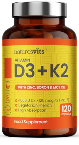 NaturesVits Vitamin D3 and K2 Bone Supplement - with Zinc, MCT Oil and Boron for Calcium Absorption for Joint Care - High Strength Natural Supplements for Women and Men