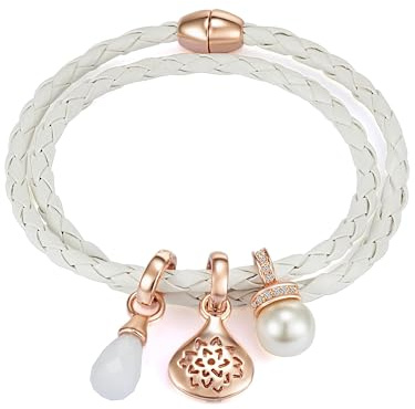 Lulu & Jane Damen Lederarmband Leder (synth.) weiß mit Glas/Perle (synth.) - Armband mit Kristallen
