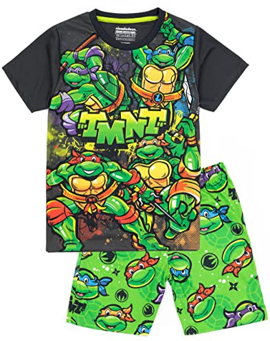 TEENAGE MUTANT NINJA Turtles Boys Pyjama Set | Black & Green T-Shirt with Shorts PJs For Kids | Leonardo, Michelangelo, Donatello & Raphael Pajama | TMNT Sleepwear Merchandise Gift for Children
