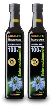 Kräuterland Schwarzkümmelöl 2X500ml (1Liter), ungefiltert, naturrein ohne Zusatzstoffe, Omega 3-6-9, hoher Thymochinon, vegan, mild, kaltgepresst, mühlenfrisch aus unsrer hessischen Ölmühle