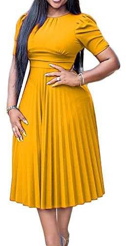 Damen Kleid,Flare Midi-Kleider Für Damen Elegant Einfarbig Gelb Kurzärmlig Figurbetontes Strandkleid Sexy A-Linie Fließendes Swing-Akkordeon Mit Rüschen Besetzte Sommerkleider Cocktailparty-Klei