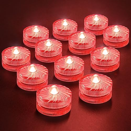 HL Flammenlose LED Kerzen Teelichter, Mini Unterwasser Licht, 100 Stunden LED Teichbeleuchtung Dekolichter für Teich, Pool, Aquarium, Vase, Badewanne, Spa, Party, Festival(12 Stück, Rot)