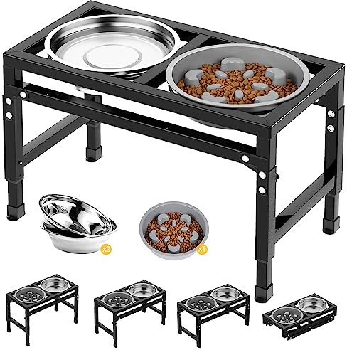 X XBEN Metal Elevated Dog Bowls, 4 Height Adjustable Dog Bowls with Stand, 9cm 23cm 27cm 31.5cm, Raised Dog Bowl with 2 Stainless Steel Bowls and 1 Slow Feeder Bowl for Medium Large Dogs or Cats