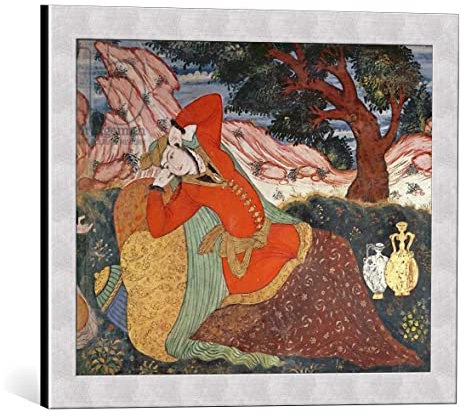 kunst für alle Bild mit Bilder-Rahmen: Persian School Frau vom Hof von Schah Abbas I 1585-1627 - dekorativer Kunstdruck, hochwertig gerahmt, 50x40 cm, Silber gebürstet