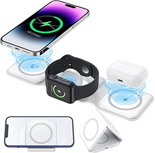 3 in 1 Wireless Charger Station, TECHGEAR Fast Magnetic Charging Pad Stand [Portable & Foldable] for iPhone 16/15/14/13/12/11/XR/XS/Max,Samsung S24/S23/S22/S21, iWatch Series 10-2, AirPod 3/2/Pro