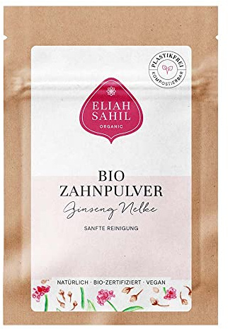 ELIAH SAHIL Bio-Zahnpulver 5g (5er-Pack) – 100% natürlicher und veganer Zahnreiniger mit Ginseng, Nelke und Ashwagandha, plastikfrei, wohltuende Mundpflege für Erwachsene und Kinder, geschmacksneutral