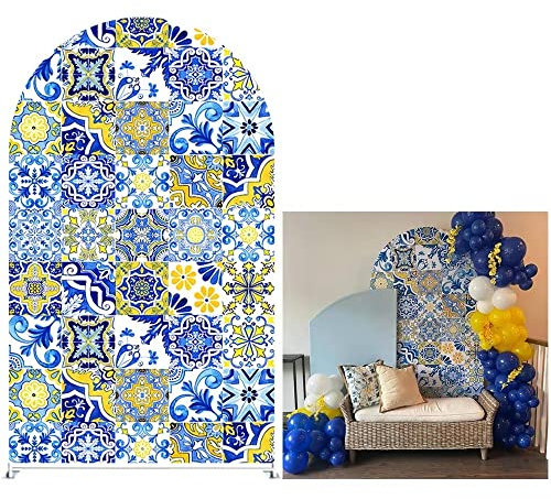 afoloa Mediterrane Positano Fliesen Bogen Hintergrund Abdeckungen für Partys Chiara gewölbter Ständer Dehnbarer Stoffbezug Porzellan Party Dekor Requisiten (0,8 x 1,8 m)