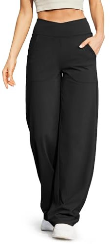 G4Free Yogahose Damen Lang Weite Jogginghose Hohe Taille Crossover Elegant Straighthose Bauchkontrolle Schlaghose Sporthose mit Taschen(Schwarz,M,29)