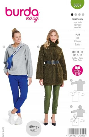 burda easy Papier-Schnittmuster Damen Long-Pullover & Hoodie #5867 | Gr. 34-44 | für Näh-Anfänger:innen | für Jersey & Sweat