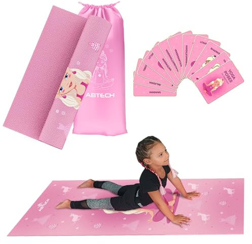 Kinder Yogamatten-Set für Jungen & Mädchen – Puppe, Einhorn and Meerjungfrau – frei von Chemikalien – ungiftig – rutschfest – 152 x 61 x 0,6 cm – mit 12 Yoga-Karten (Rosa Puppe)