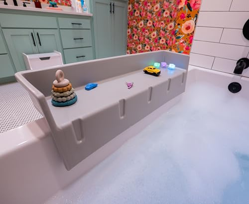 Tub Topper® Bathtub Splash Guard Play Shelf Area - Toy Tray Caddy Holder Storage - Suction Cups Attach to Bath Tub - No Mess Water Spill in Bathroom - Fun for Toddlers Kids Baby (Gray)