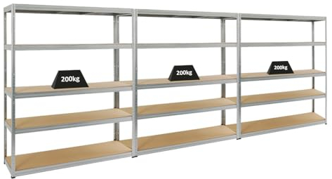PROREGAL Mega Deal 3er-Set Schwerlastregale Giant Elephant 180x150x45cm mit 5 Ebenen Fachlast 200kg Verzinkt, Kellerregal, Steckregal, Garagenregal, Lagerregal