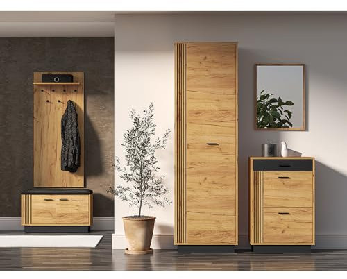 Lomadox Flur komplett Set inkl. Spiegel, Kommode, Schrank, Paneel, Schuhbank in Gold Craft Eiche