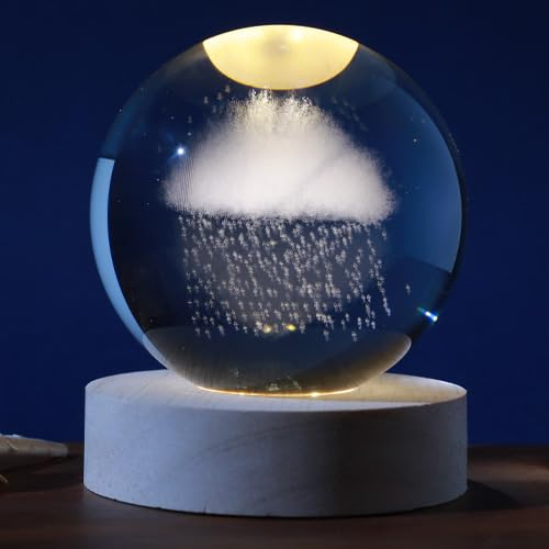 I-TOTAL® - Bola de cristal 3D con efecto LED RGB en el techo, luz nocturna para niños, lámpara de noche con base de madera, tema de fantasía, decoración de cristal (NUBE)