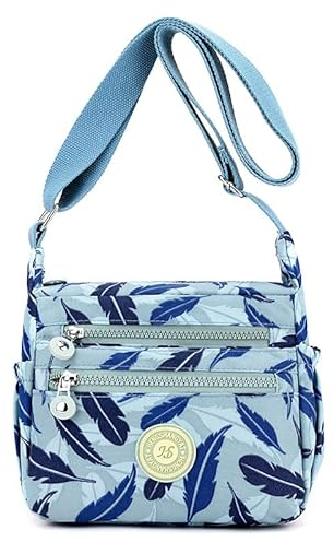 YYW Womens Multi-Pocket Casual Cross-Body Bags Waterproof Nylon Shoulder Bags Messenger Handbag for Shopping Hiking Daily Use (M-Blue Leaves)
