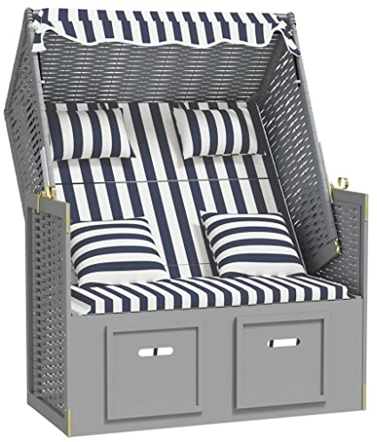 Willood Strandkorb mit Kissen Poly Rattan Gartenliege Volllieger Sonnenliege Sonneninsel Strandliege Liege Zweisitzer Strand und Massivholz Blau & Weiß
