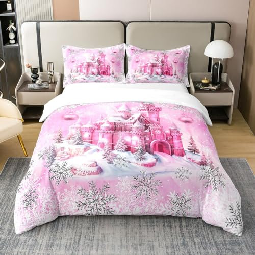 richhome Parure de lit d'hiver 2 pièces 100 % coton naturel avec housse de couette et 1 taie d'oreiller, motif château rose, flocon de neige à paillettes argentées et blanches pour enfants, filles,