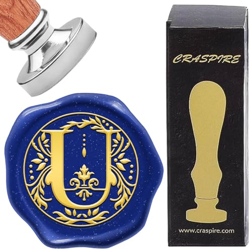CRASPIRE Wachssiegel-Stempel Buchstabe U, Retro-Alphabet, Initialen, Siegellack-Stempel, Klassischer Vintage-Stil, 26, Buchstaben AZ, 25 mm, Abnehmbarer, Silberfarben Plattierter Messingkopf Holzgriff