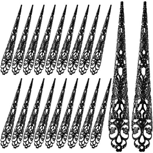 HINZIC 20pcs Finger Nail Claw Ring, Halloween Goth Fingertip Claw Finger Knuckle Protector, Ancient Queen Costume Metal Nail Ring Decoration Accessories for Cosplay Show Drama Dance- Black