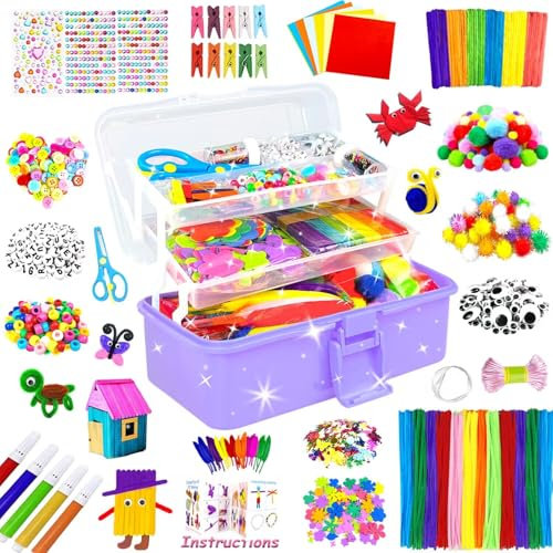3000 Arts and Crafts Supplies for Kids Craft Kit All in 3 Layered Craft Box with Pipe Cleaners Crafts for Kids Age 4-6, 6-8, 8-12 DIY School Supplies Materials Set Toys Gifts for Girls Boys, Purple