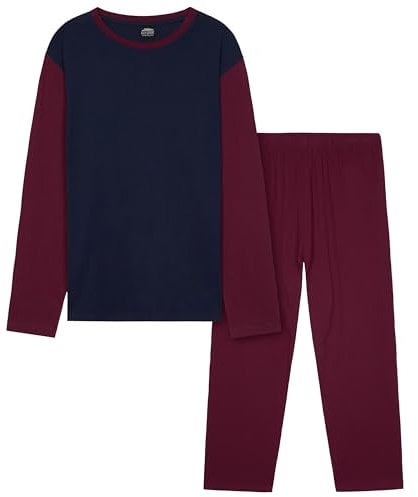CityComfort Lungo Pigiama Uomo Set, Adulti Adolescenti Morbido 2 Pezzi Pigiama Caldo (Borgogna/Blu Navy, M)
