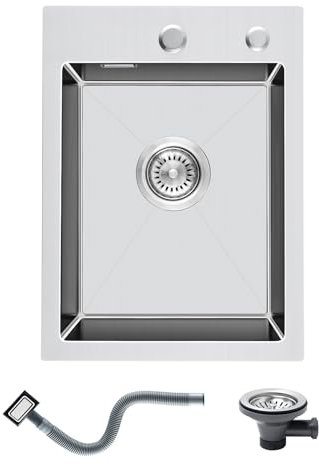 KINKIBOS 304 Stainless Steel Kitchen Sink 35 x 45 cm, Small Kitchen Sinks, Topmount Sink with Tap Hole and Overflow (Without Drain Pipe), 1 Bowl, Brushed