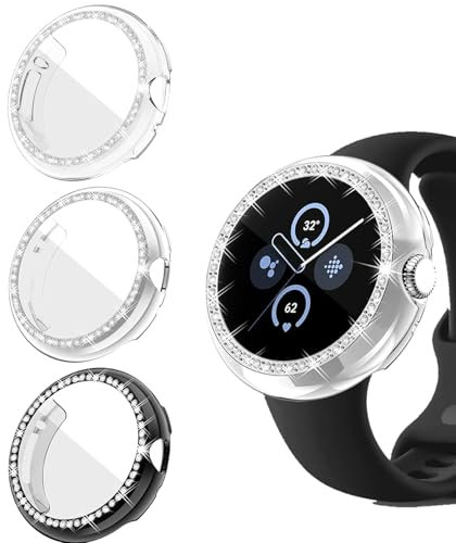 STFALI 3 Stück Hülle für Google Pixel Watch/Pixel Watch 2 Displayschutz(41mm), TPU All-Around Schutzhülle, Glitzer Strass Diamant Kantenschutz Damen Schutzhülle Kratzfest Schutz Case