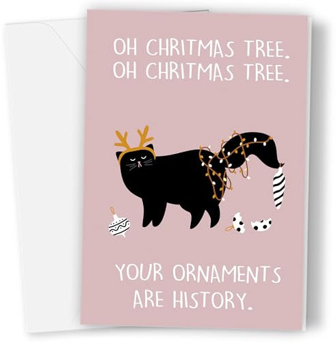 Weihnachtskarten - Premium Weihnachtskarte mit Umschlag - Kleine Weihnachtskarten Klappkarten A6 - Adventskalender Katzen Postkarte lustig Grußkarten Schwarze Katze weihnachten Merry Christmas Cards