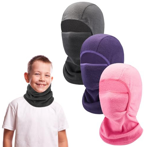 ZOCONE 3 Pack Ski Mask Kids Balaclava Thermal Face Hood Mask for Boys Girls, Windproof Winter Balaclava Neck Warmer for Skiing Cycling Outdoor Sports(Grey, Pink, Purple)