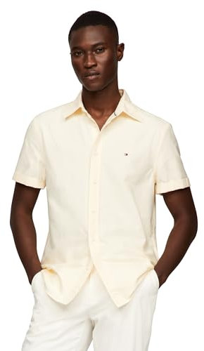 Tommy Hilfiger Short Sleeve Oxford Regular Fit, Men's Button Down Shirts, Citronella/Optic White, Medium