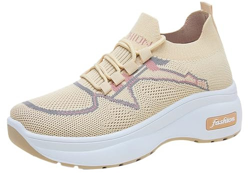 Generico Scarpe Donna Running Scarpe Sneakers Donna Bianche Tinta Unita Mesh Traspirante Punta Stringata Bassa e Piatta Scarpe per Piedi Gonfi da Donna Scarpe Donna 43 (Beige, 39)