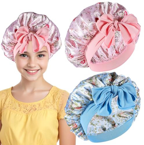 Sibba 2 Pcs Silk Bonnet for Kids Soft Elastic Sleeping Cap Breathable Wide Band Colorful Shower Hats Adjustable Baby Bonnets Night Sleep Cap for Curly Natural Hair Braids
