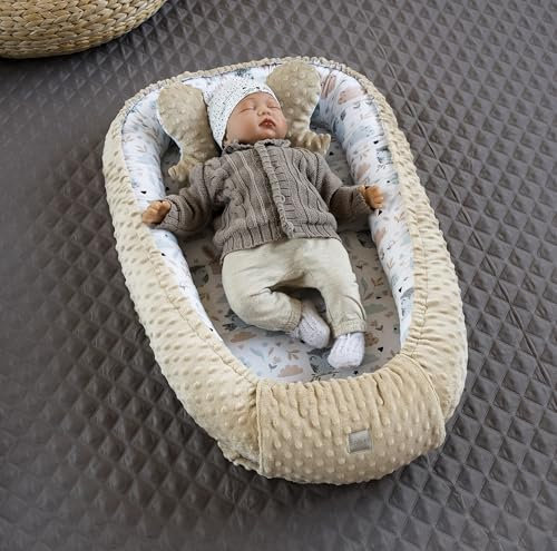 HASE EULE/MINKY Beige Bio-Baumwolle Polar Fleece Babynest Neugeborene Baby Unterlage Reisebett Nestchen SOLO/o. in PREMIUM Ausstattung SETS (Nestchen + Schmetterling)