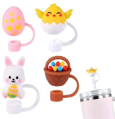 4pcs Easter Straw Cover Caps for Stanley Cup, Cute Animal Theme Silicone Straw Caps Covers Reusable Tumbler Straw Toppers Straw Tips Accessories and Gifts for Stanley 30/40oz